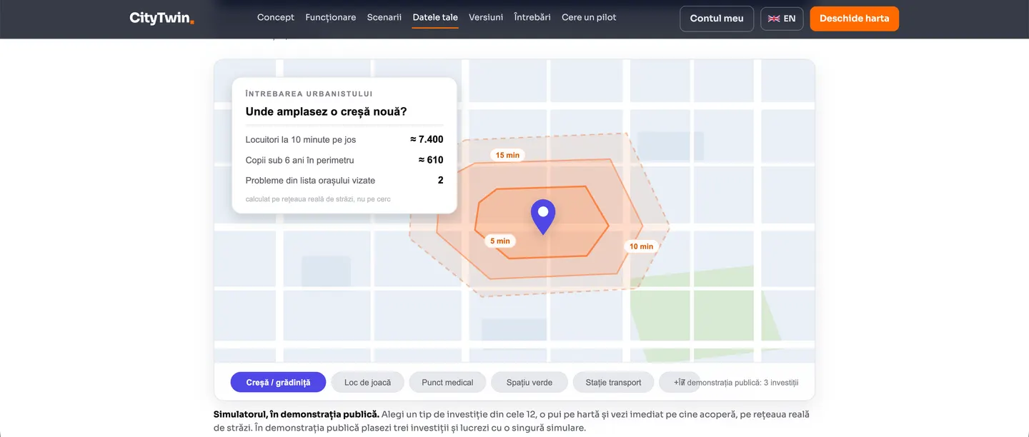 CityTwin - accesibilitatea unei creșe noi în Brașov, pe izocrone de 5, 10 și 15 minute
