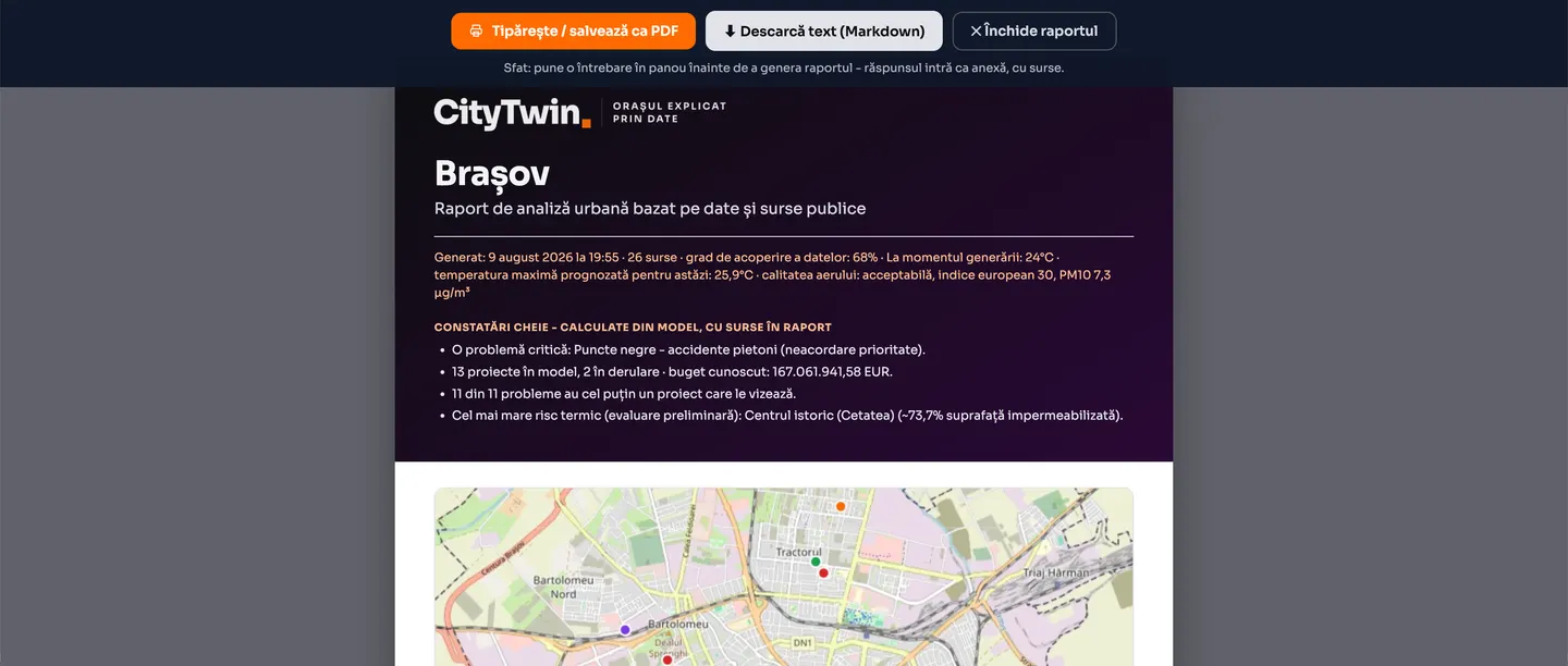 CityTwin - raportul de analiză urbană pentru Brașov, generat din surse publice