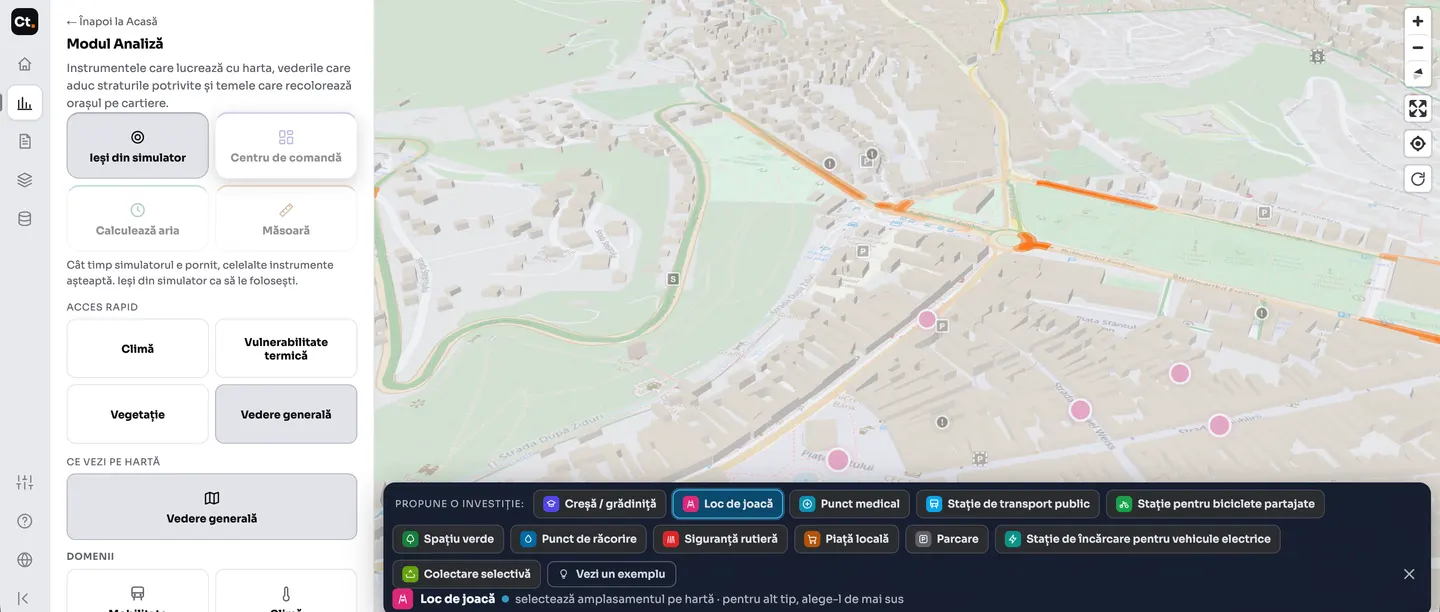 CityTwin - simulatorul de investiții, cu tipurile care se pot amplasa pe hartă