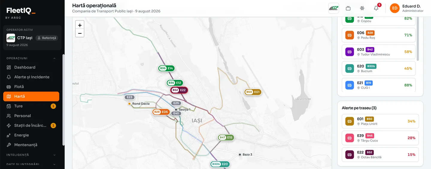 FleetIQ - harta operațională a autobuzelor din Iași