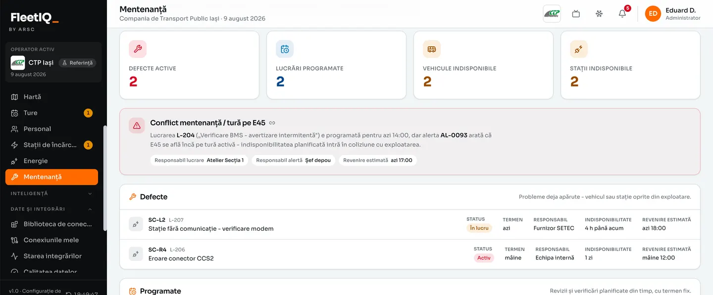 FleetIQ - modulul de mentenanță, cu defecte și lucrări programate