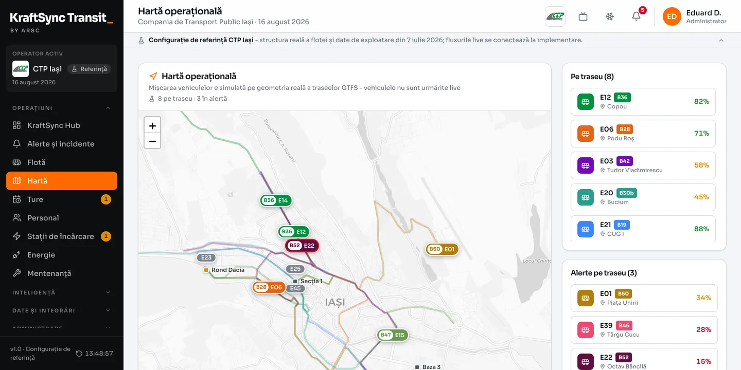 KraftSync Transit - harta operațională a autobuzelor din Iași