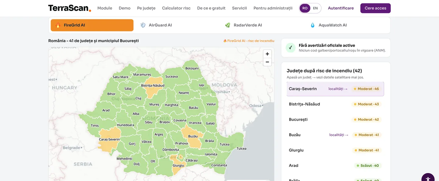 TerraScan AI - harta riscului de incendiu pe județele României