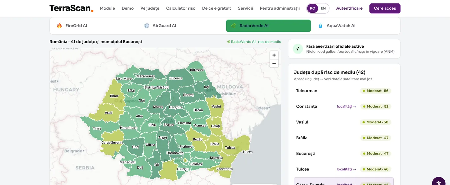 TerraScan AI - harta riscului de mediu pe județe, modulul RadarVerde