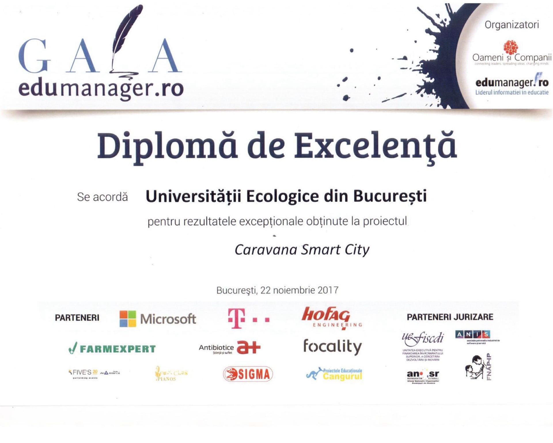 Universitatea Ecologică din București premiată pentru implicarea în programul Caravana Smart City